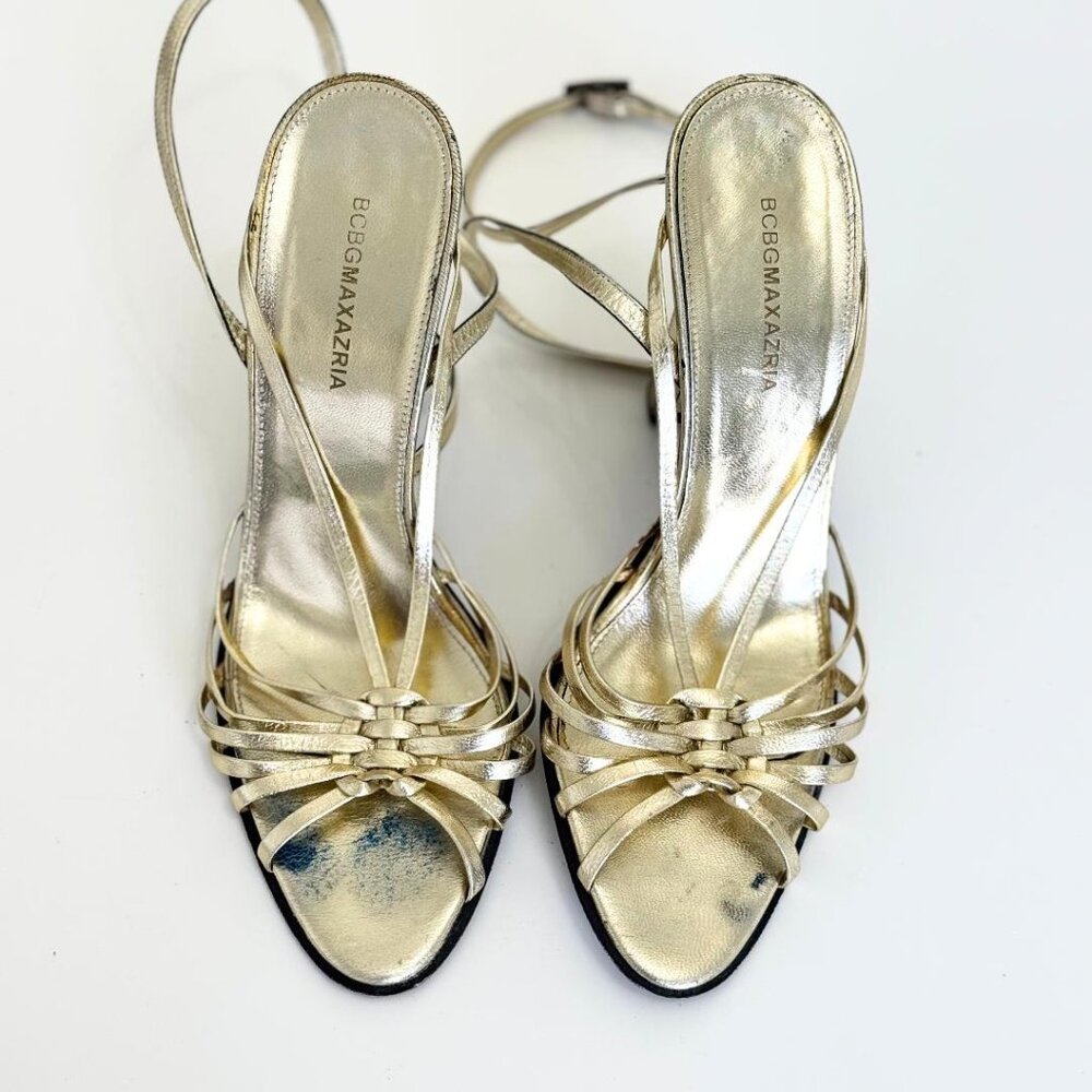 BCBGMaxazria Metallic Gold Strappy Heels Shoes, Size 37 or 7